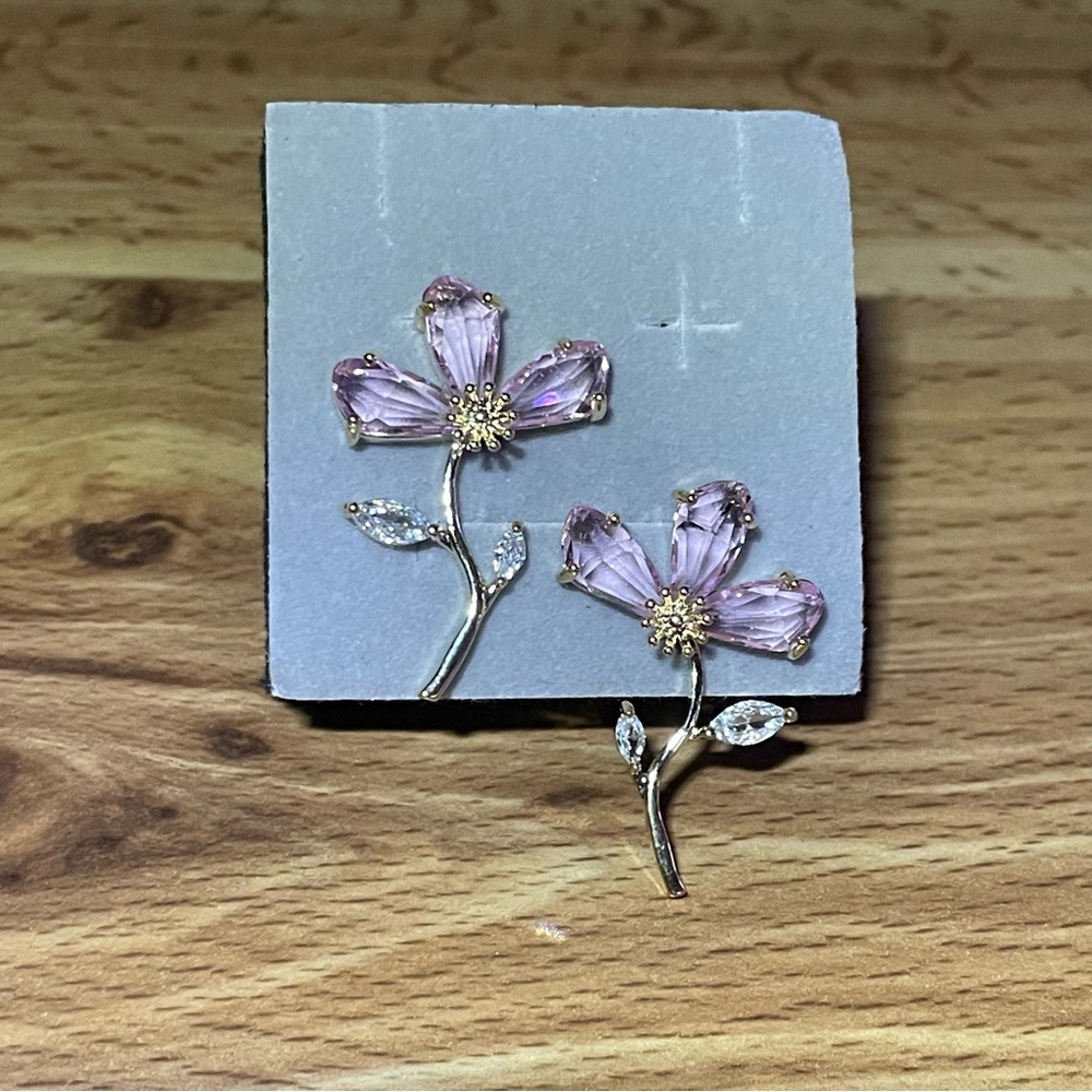 Pink Flower Stem Women Earrings  14K Gold Plated